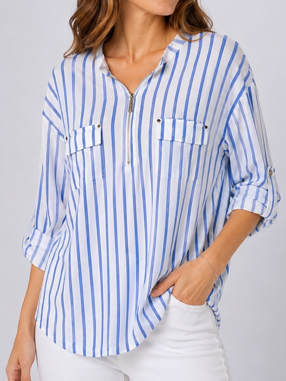 Ninedaily | Striped Blue & White Relaxed Zip-Neck Top | Size XL | Like New